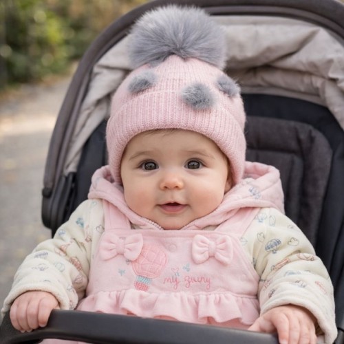 Βρεφικό Μάλλινο Σκουφάκι Cap pink with grey pom pon_85555